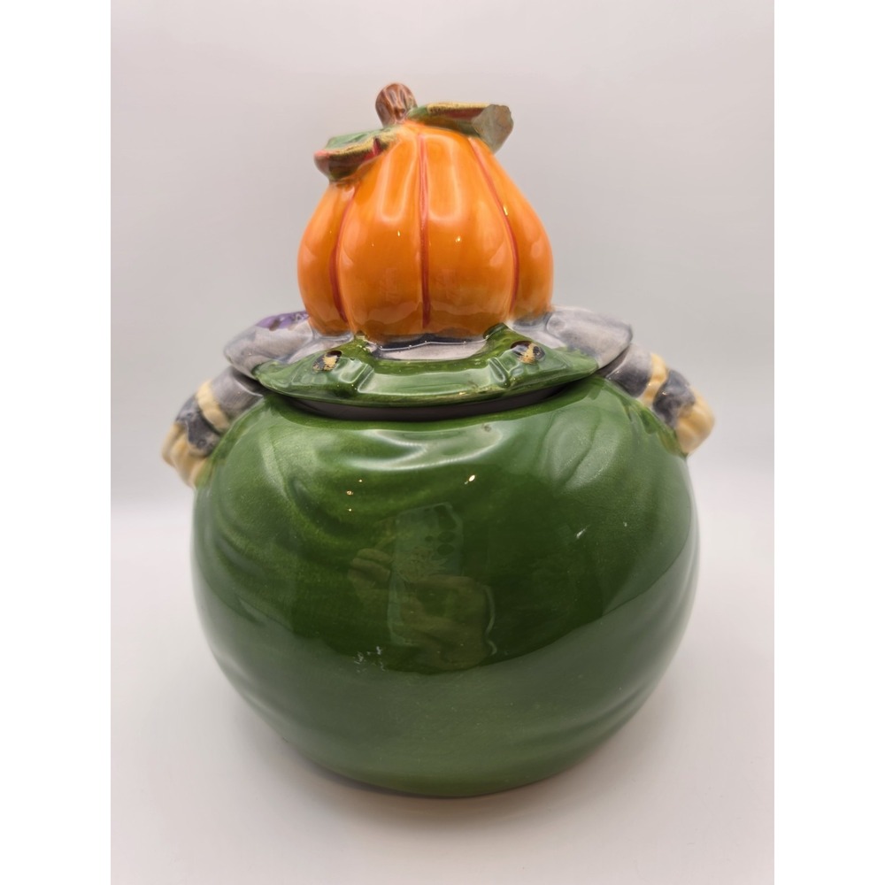 Pumpkin Head Rhyming Green Treat Jar Candy Halloween 6" Canister Ceramic Vigor - Picture 4 of 8